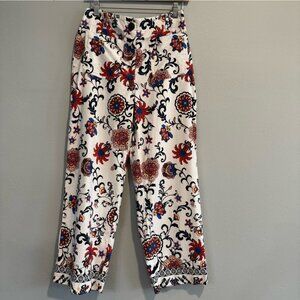 Nicole Miller Linen Floral Beach Resort wide-leg pants 6 high-rise vaca boho 80s
